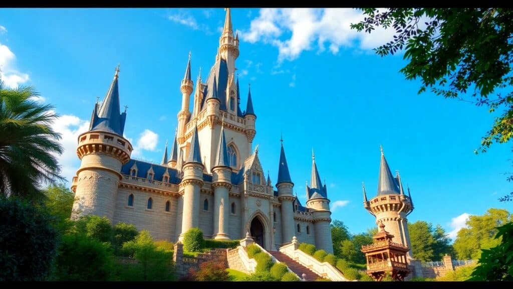 Märchenschloss mit Türmen und Gärten im Sonnenlicht.
