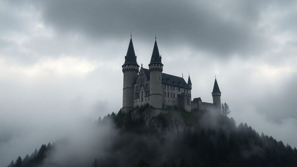 Geheimnisvolle deutsche Burg auf Felsen im Nebel