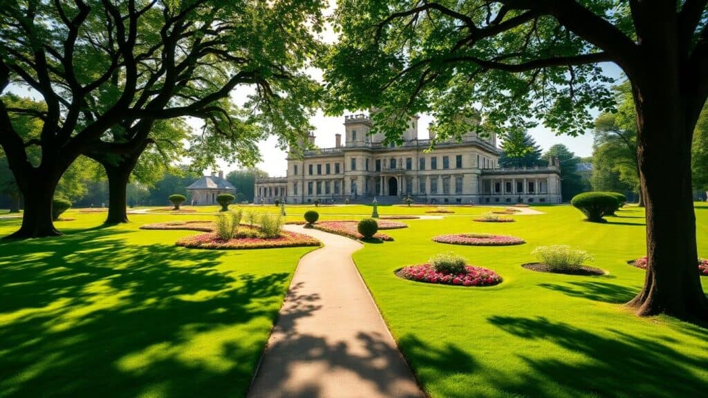 Historischer Schlosspark mit grünen Wiesen und Bäumen.