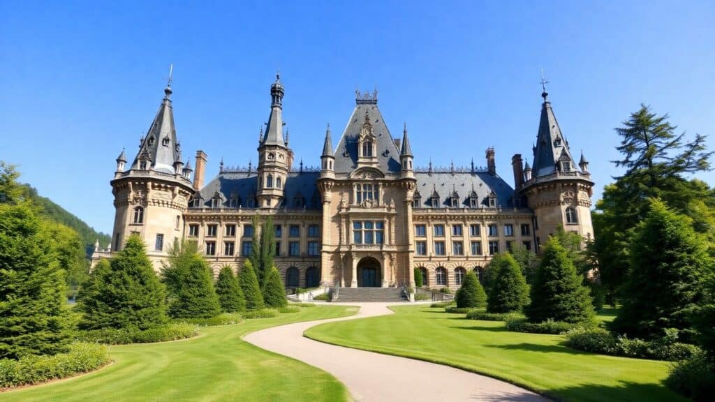 Prachtvolles deutsches Schloss mit Gärten und blauer Himmel.