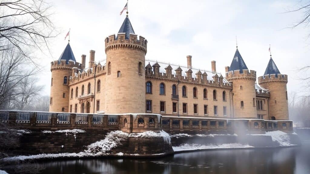 Schneebedeckte Burg im Winterlicht
