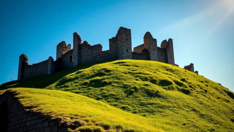 Alte Burgruine auf einem Hügel bei Sonnenschein.