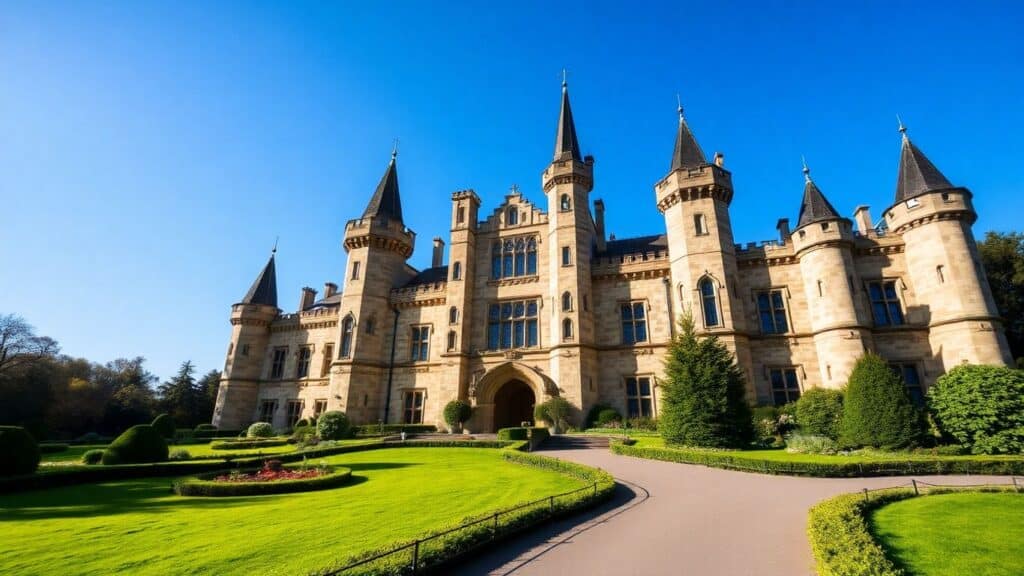 Prächtiges Schloss mit Gärten und blauem Himmel