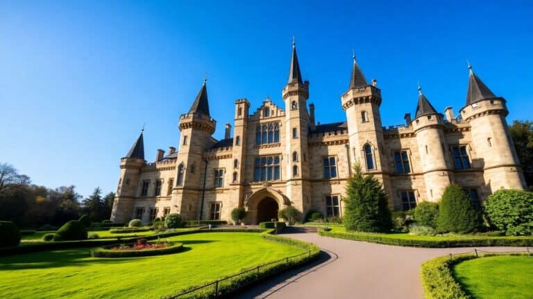 Prächtiges Schloss mit Gärten und blauem Himmel