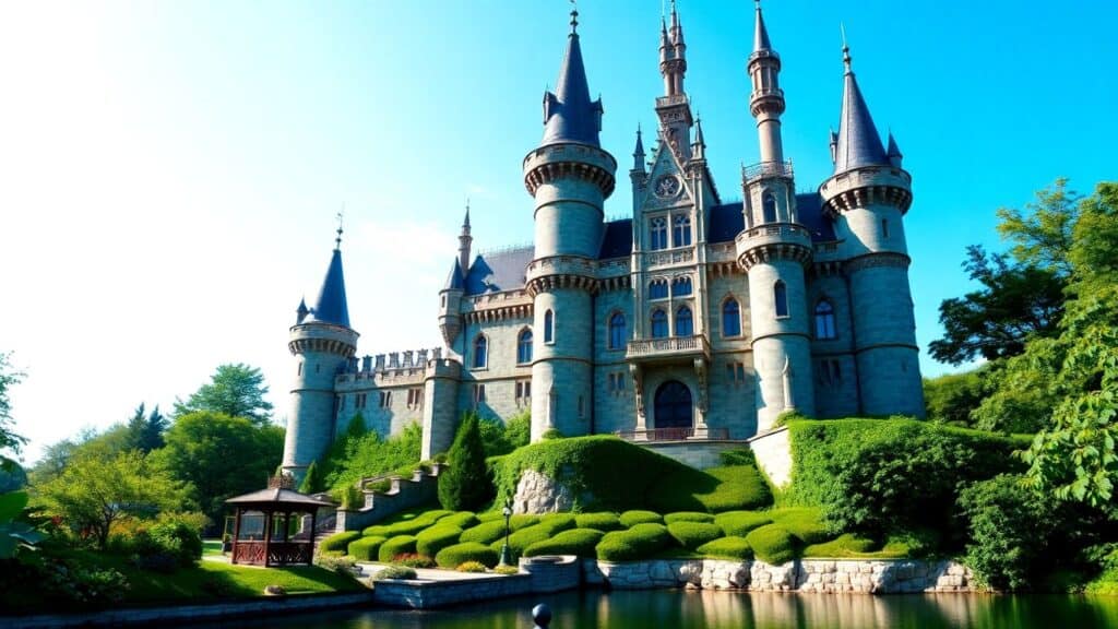 Romantisches Schloss mit Türmen und Gärten