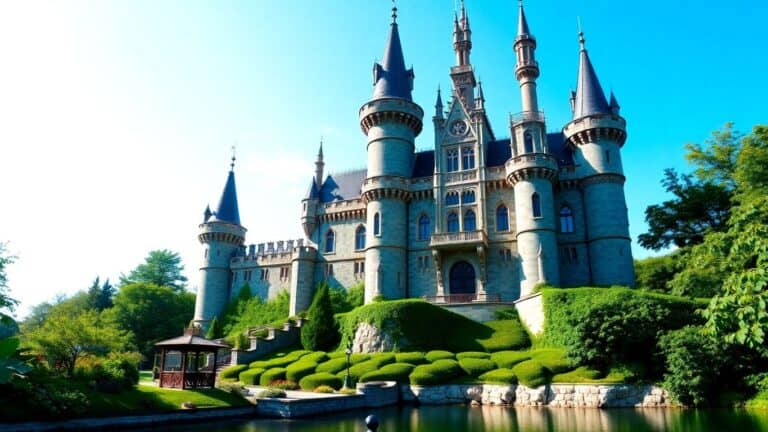 Romantisches Schloss mit Türmen und Gärten