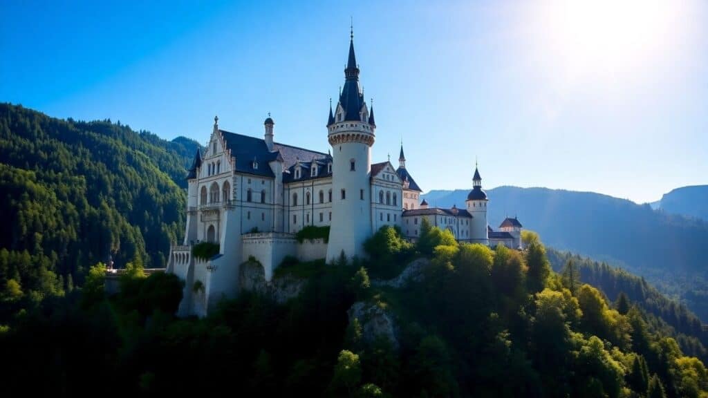 Märchenschloss Neuschwanstein vor bewaldeten Bergen und blauem Himmel.