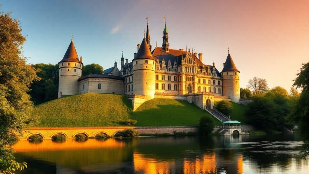 Majestätisches Schloss in Europa bei Sonnenuntergang