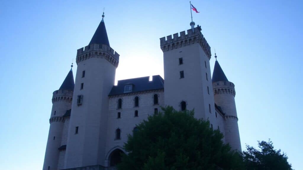 Majestätische Burg vor blauem Himmel und grünen Bäumen.