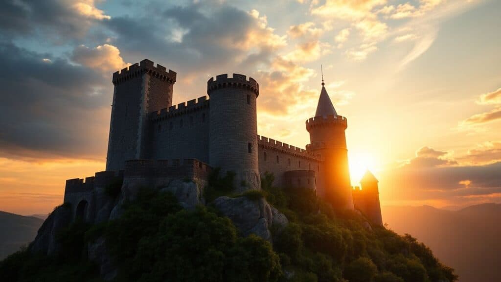 Mittelalterliche Burg auf einem Felsen im Sonnenuntergang.