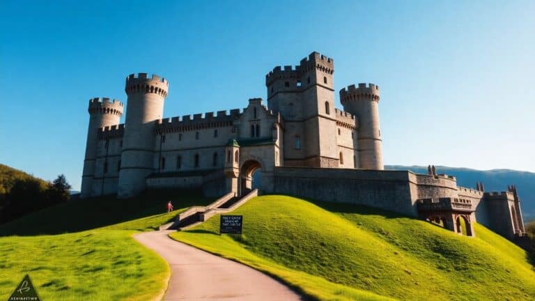 Mächtige Burg mit grünen Hügeln und blauem Himmel.
