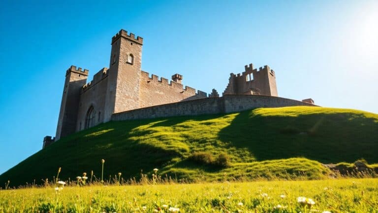 Beeindruckende Burgruine auf einem Hügel im Sonnenschein.